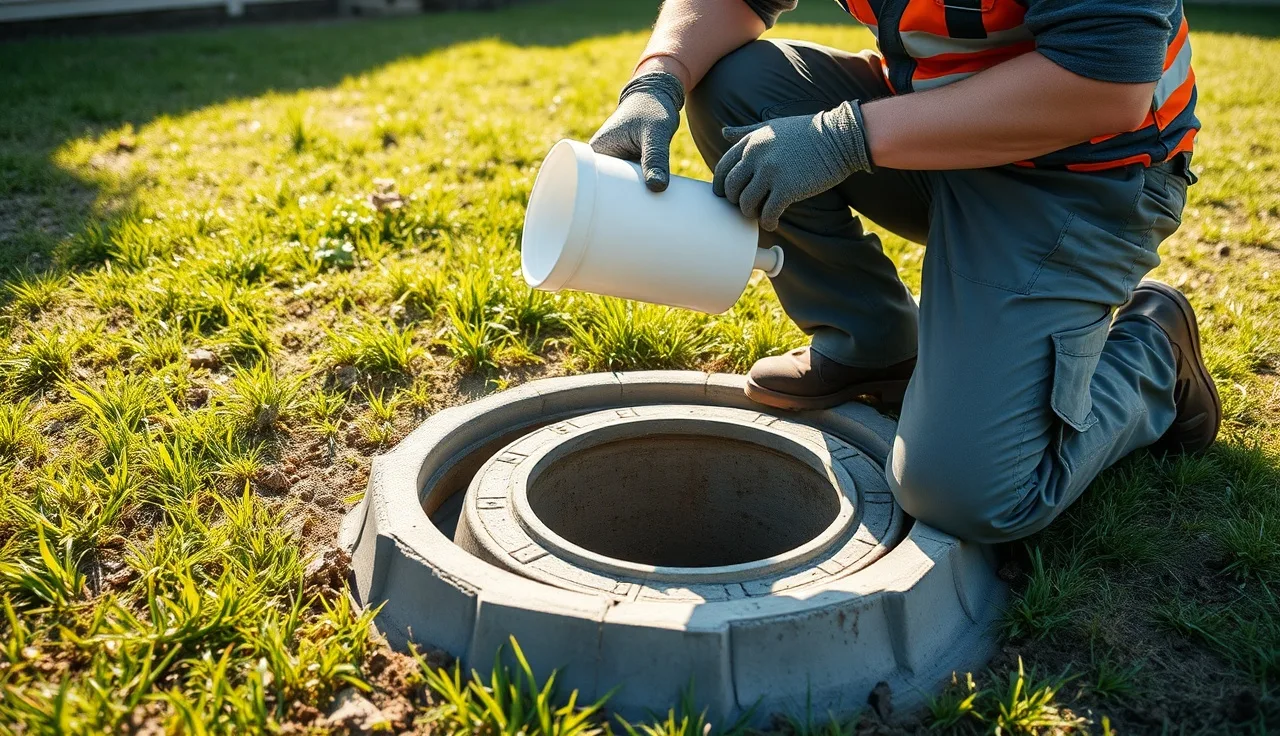 Technician lifting a cylindrical effluent filter from a septic tank riser outdoors