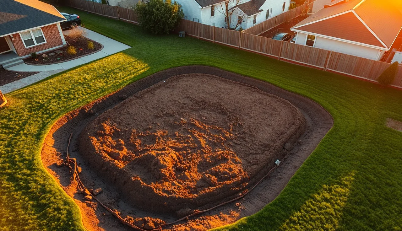 Aerial view of a residential backyard with a freshly installed leach field and inspection risers