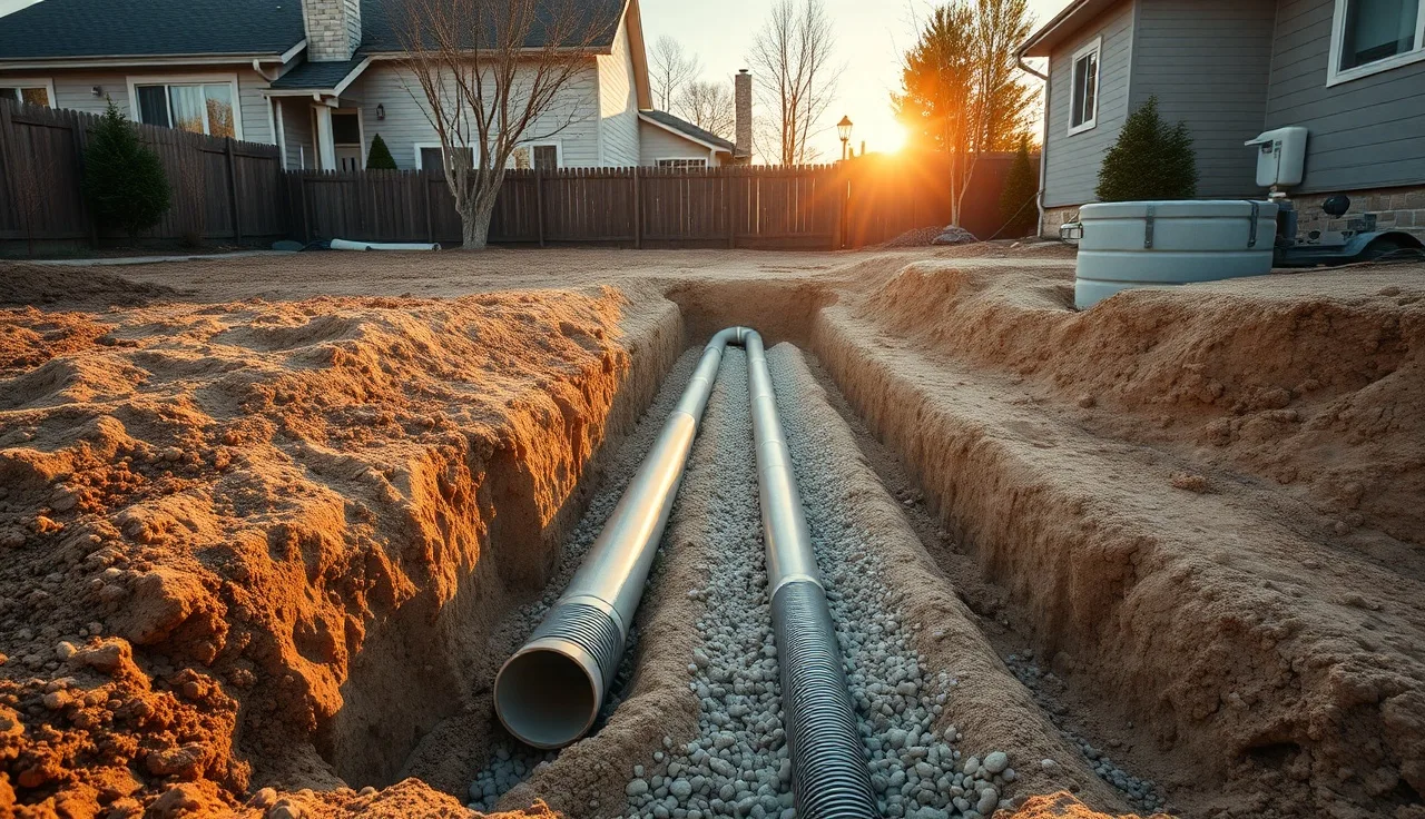 Excavated residential backyard showing drainfield trenches and concrete septic tank installation
