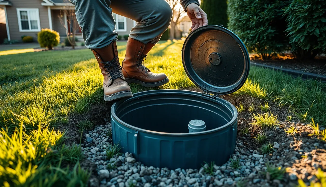 Septic technician inspecting an open leach field distribution box in a residential yard