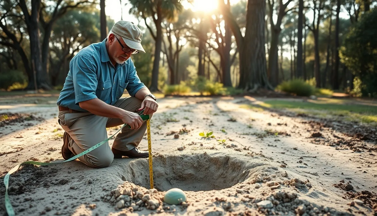 Environmental health specialist measuring water level in a perc test hole in Union County Florida