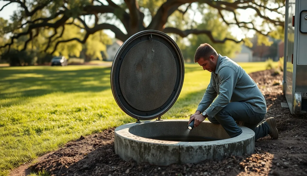 Septic inspector examining open tank lid during a Virginia home inspection