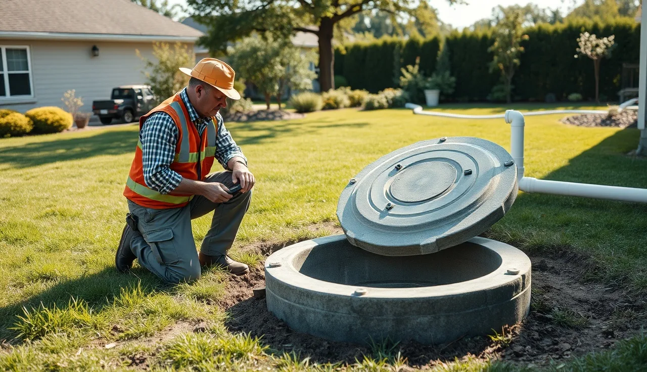 Inspector examining open septic tank lid near a residential well casing in a backyard