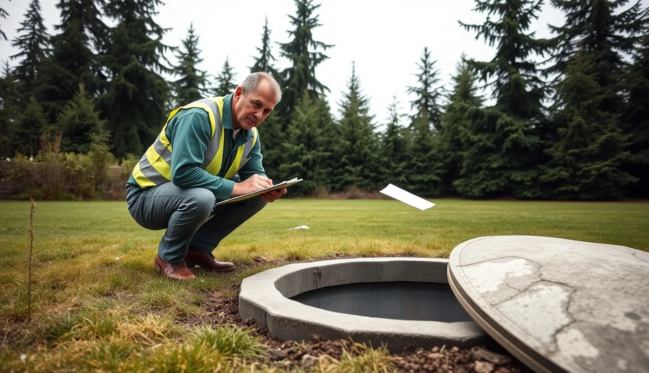 Inspector examining open septic tank access lid during well septic inspection in Marysville WA