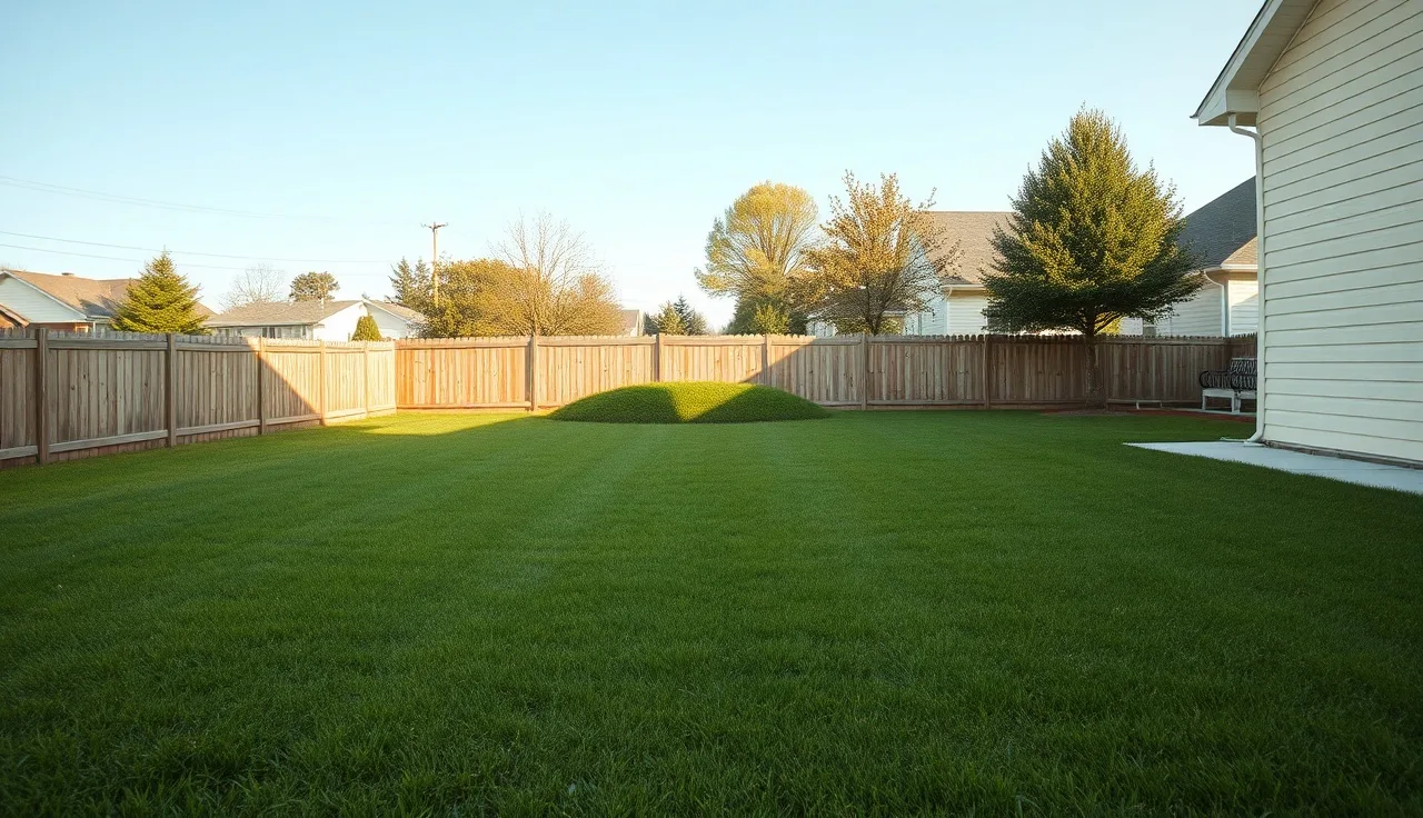 Flat green backyard lawn with a slight mound over a buried leach field