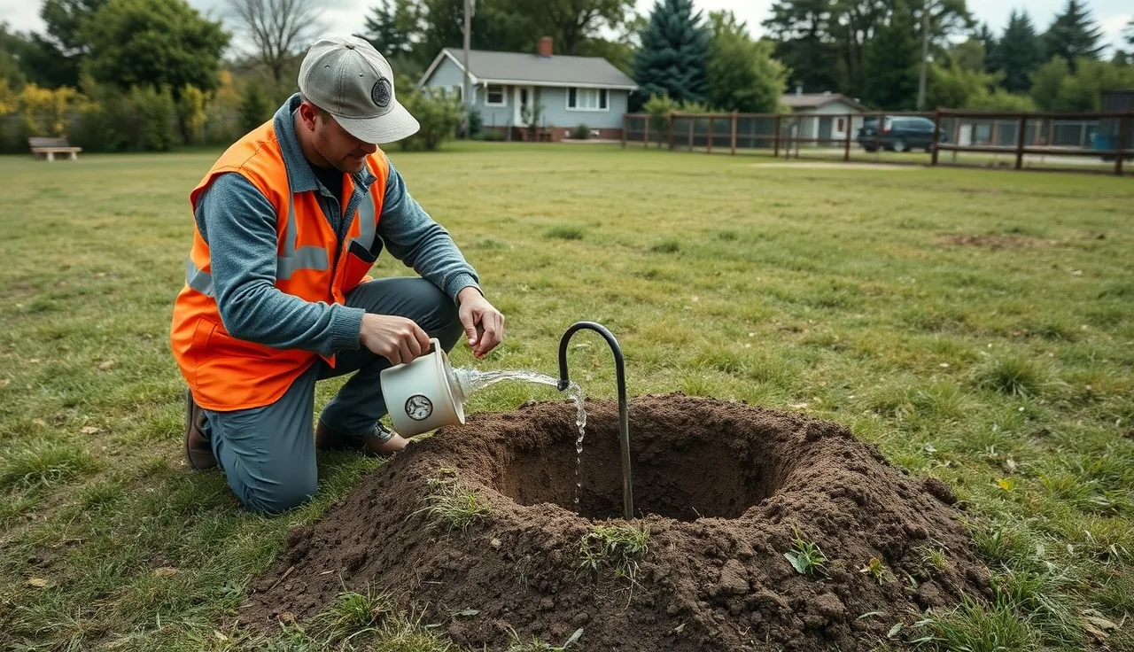 Technician conducting a percolation test by pouring water into a soil bore hole in a rural yard