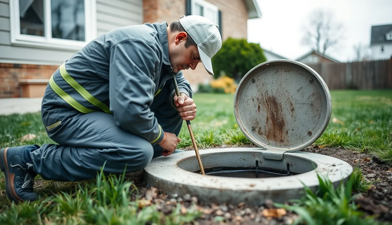 Technician measuring sludge depth during a septic tank inspection in a backyard
