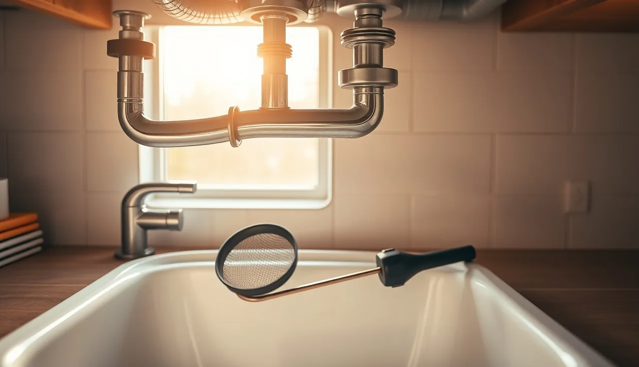 Drain snake and mesh strainer beside a kitchen sink, safe septic drain tools