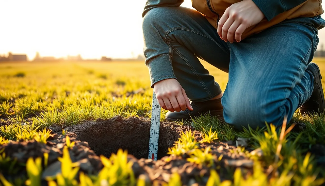 Soil evaluator measuring water level in a percolation test hole on a rural lot