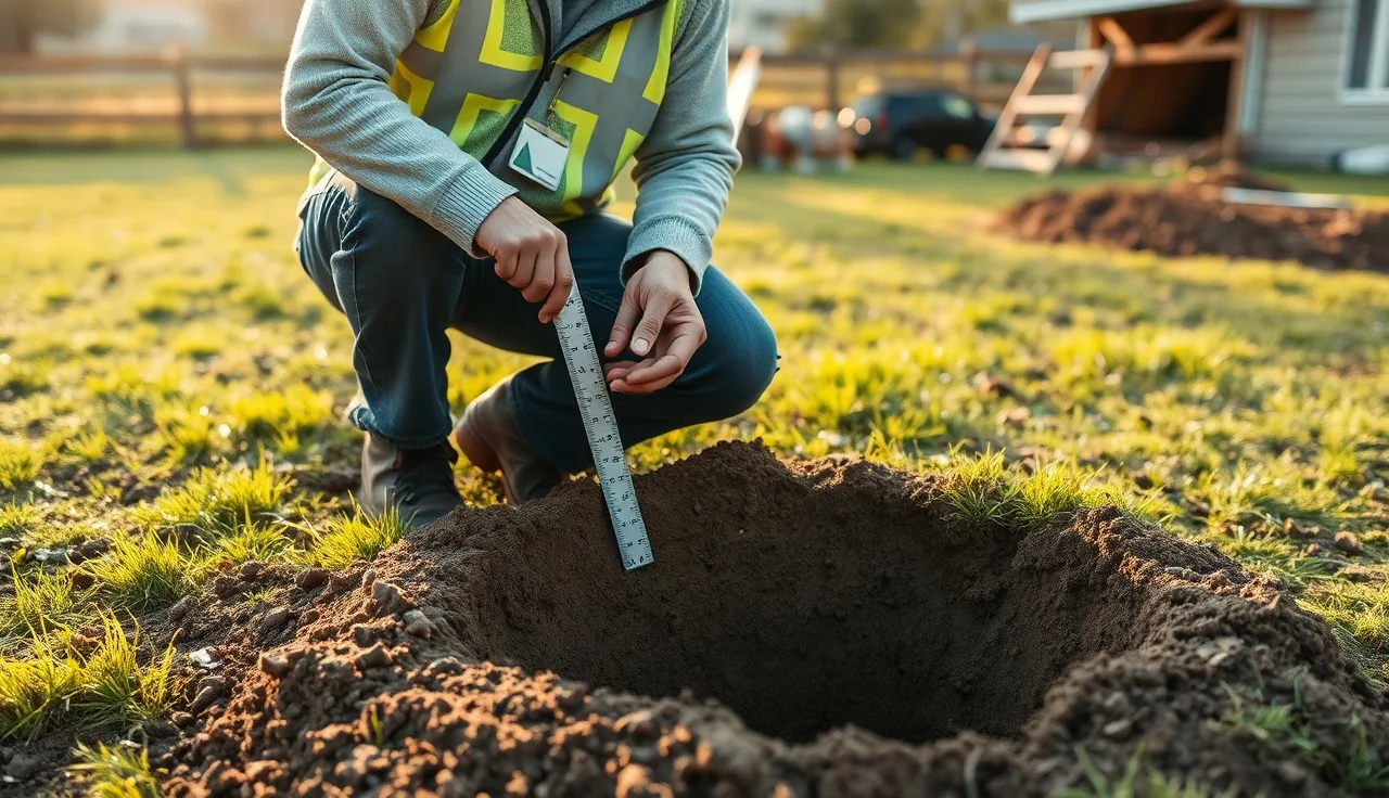 Soil evaluator measuring water level in a perc test hole in a rural yard