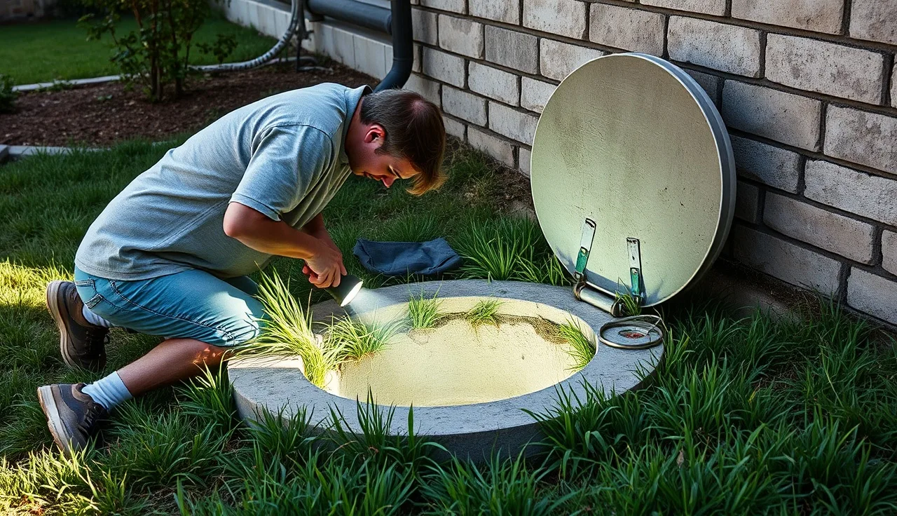 Homeowner inspecting an open septic tank lid in a grassy backyard