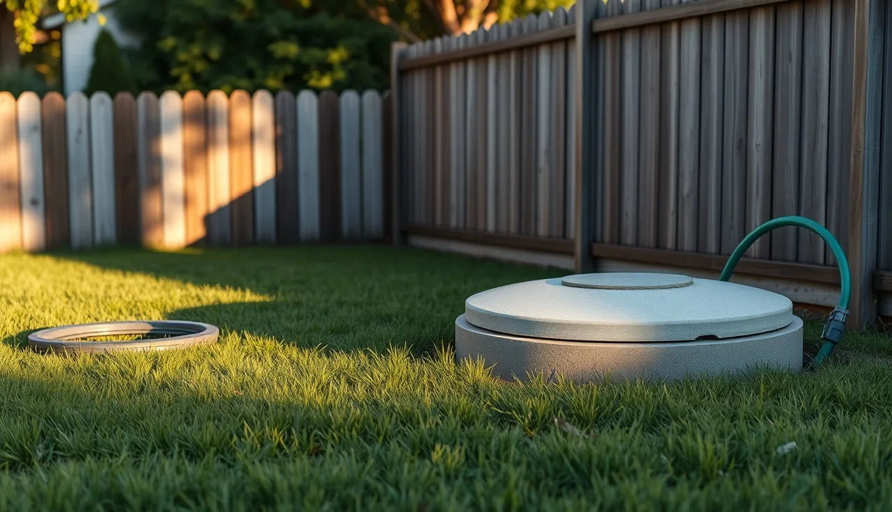 Concrete septic tank access lid visible in a residential backyard lawn