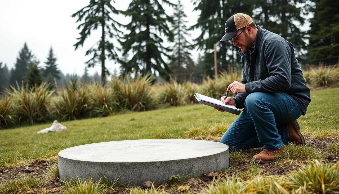 Septic inspector examining open tank lid during a Whatcom County septic inspection