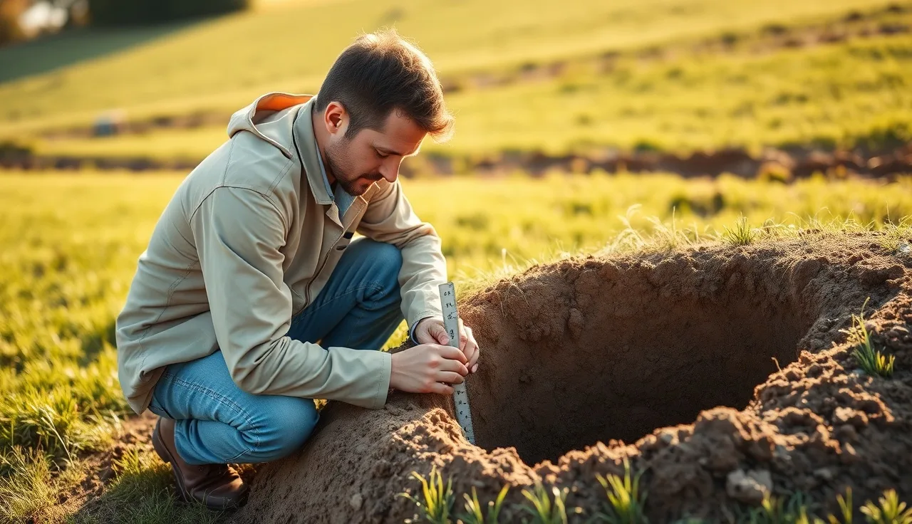 Soil scientist measuring water level in a perc test hole in a rural yard
