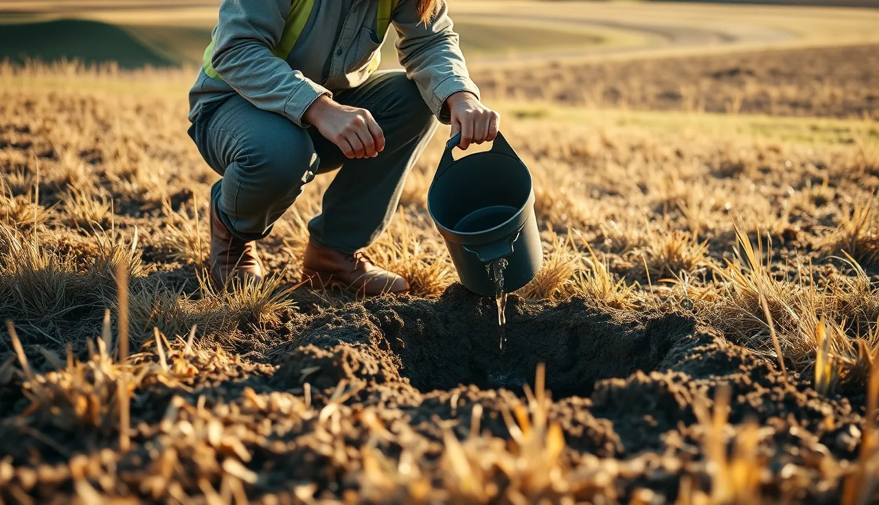 Soil scientist pouring water into a perc test hole in a rural field