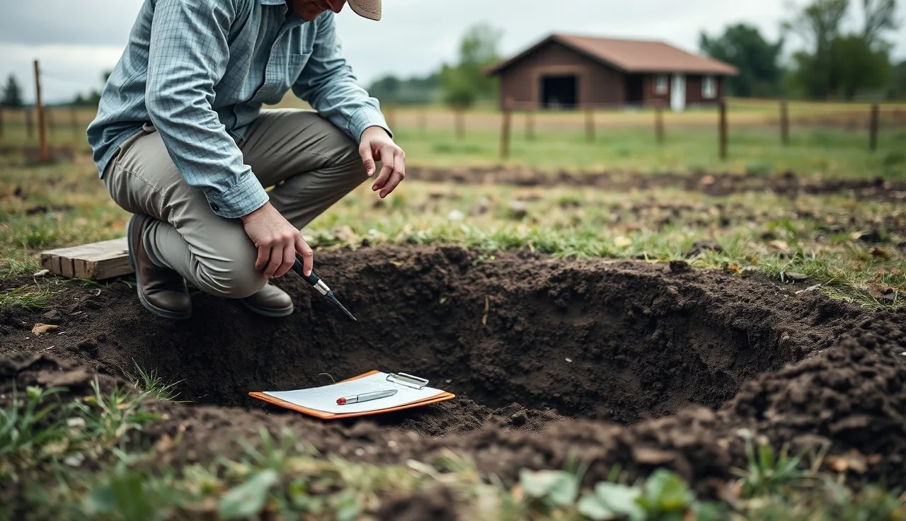 Soil scientist examining a soil profile pit during a perc test evaluation