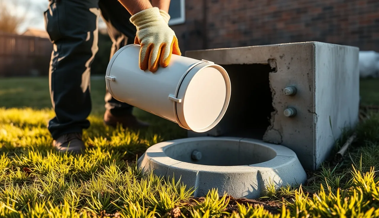 Plumber pulling a cylindrical effluent filter from an open septic tank access port in a backyard
