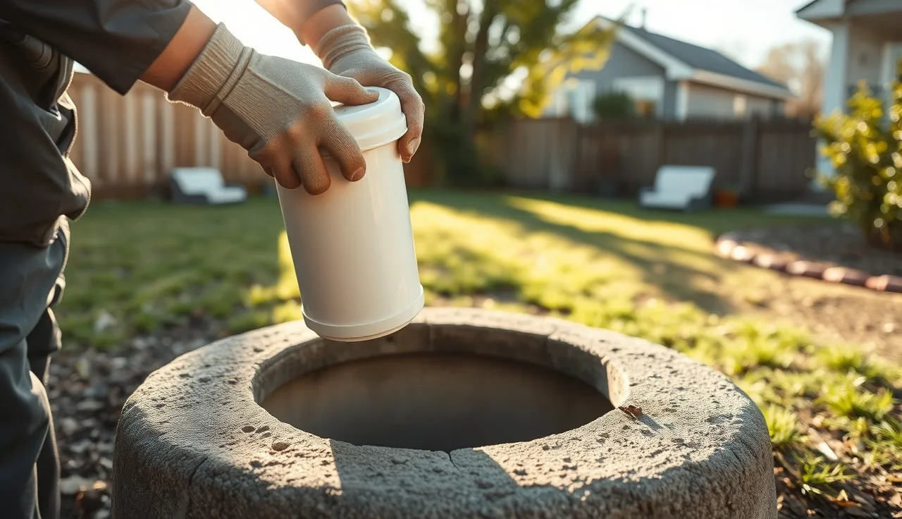 Technician removing an effluent filter cartridge from an open septic tank in a backyard